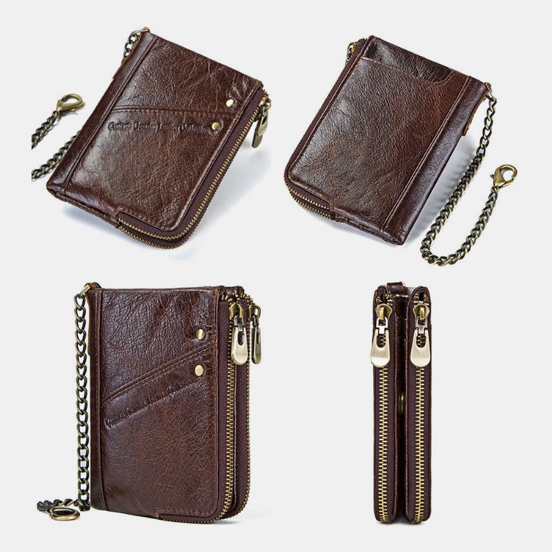 Męskie Oryginalne Skórzane Blokowanie Anti-theft Vintage Zipper Coin Bag Card Holder Chain Wallet