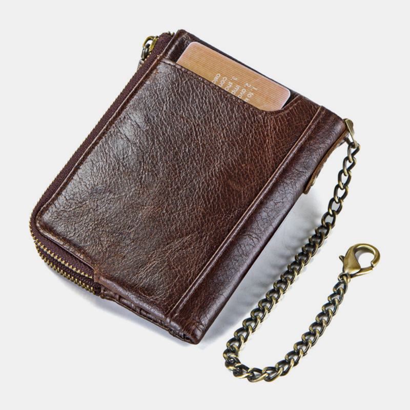 Męskie Oryginalne Skórzane Blokowanie Anti-theft Vintage Zipper Coin Bag Card Holder Chain Wallet