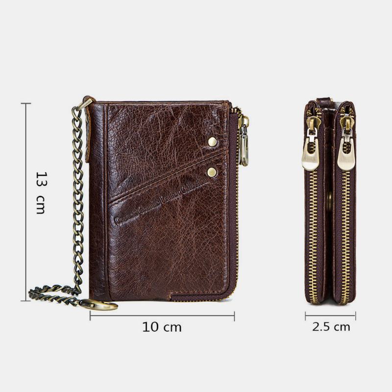 Męskie Oryginalne Skórzane Blokowanie Anti-theft Vintage Zipper Coin Bag Card Holder Chain Wallet