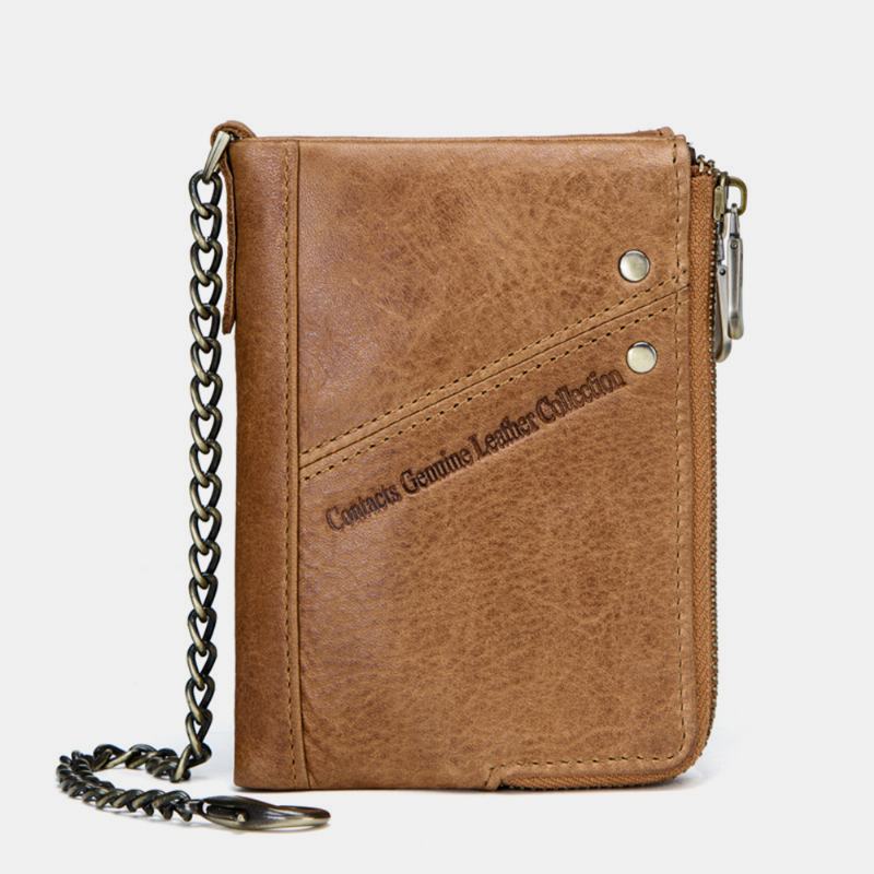 Męskie Oryginalne Skórzane Blokowanie Anti-theft Vintage Zipper Coin Bag Card Holder Chain Wallet