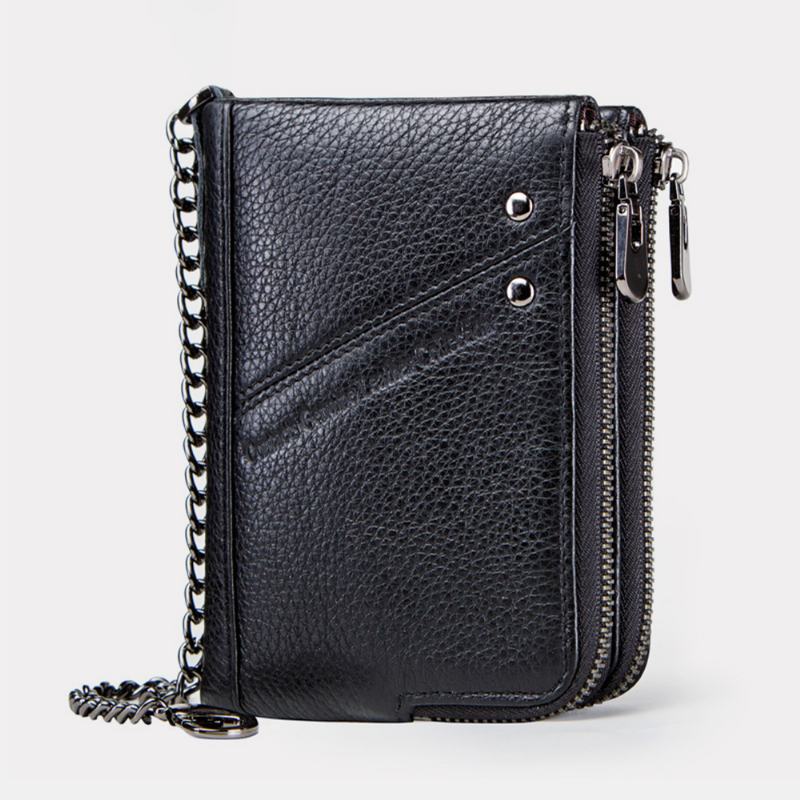 Męskie Oryginalne Skórzane Blokowanie Anti-theft Vintage Zipper Coin Bag Card Holder Chain Wallet