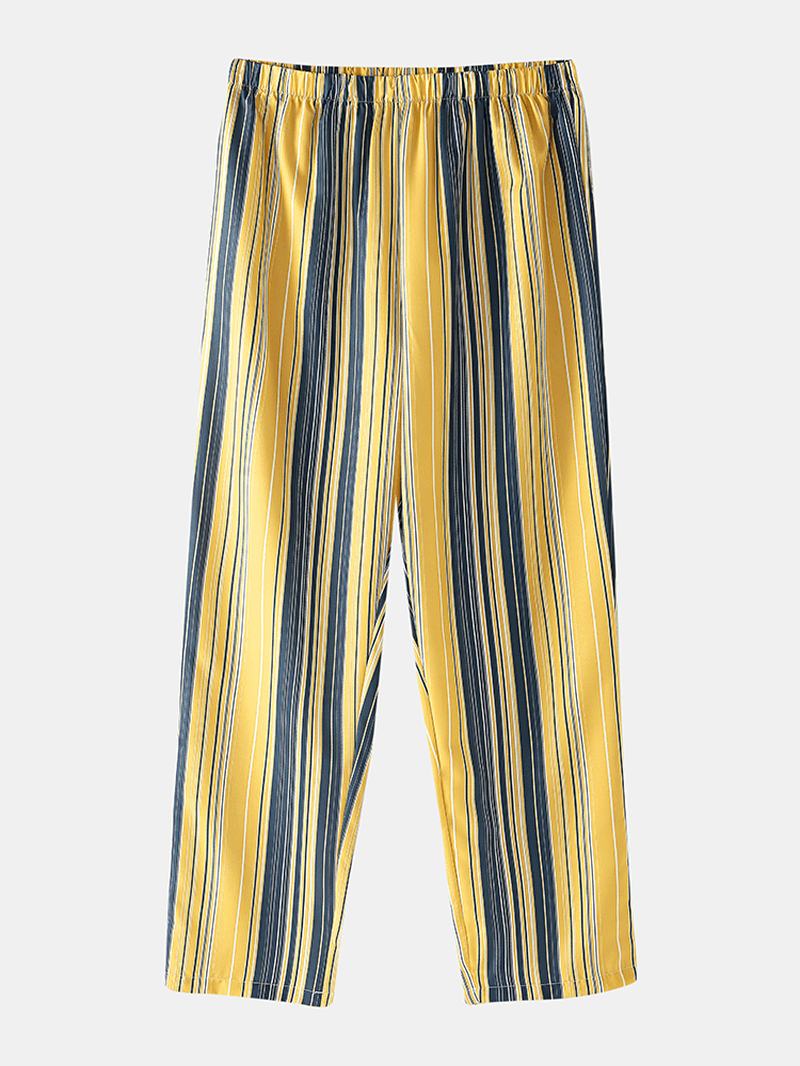 Męskie Paski Z Nadrukiem Revere Collar Z Krótkim Rękawem Elastyczne Spodnie W Pasie Home Cotton Piżama Set