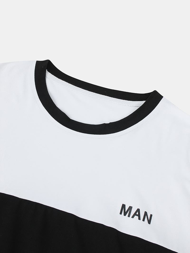 Męskie Patchworkowe Nadrukowane Litery Oddychające Koszulki Z Okrągłym Dekoltem Na Co Dzień Z Krótkim Rękawem