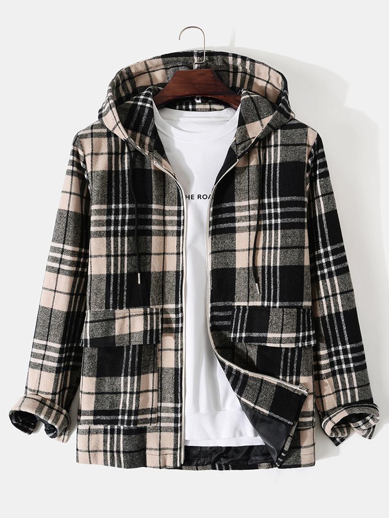 Męskie Plaid Zipper Podwójne Kieszenie Sznurek W Stylu Casual Z Długim Rękawem Z Kapturem