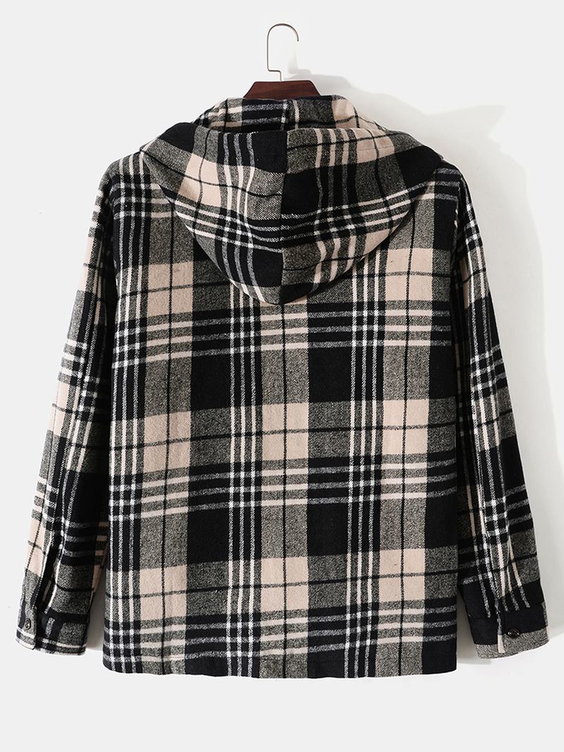 Męskie Plaid Zipper Podwójne Kieszenie Sznurek W Stylu Casual Z Długim Rękawem Z Kapturem