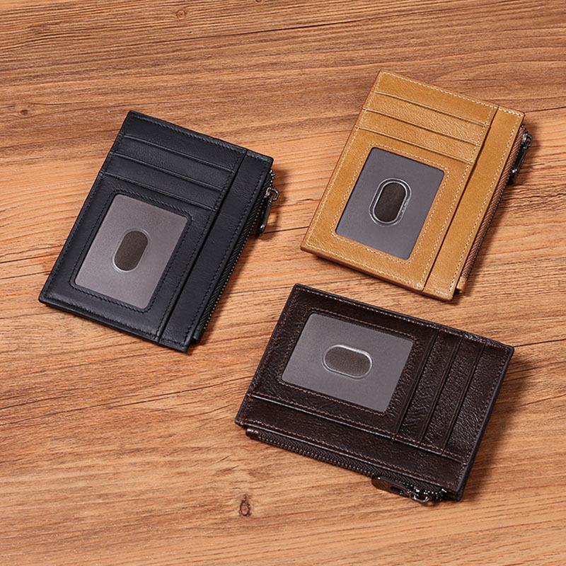 Męskie Portfele Antymagnetyczne Z Pierwszej Warstwy Skóry Wołowej Ultra-cienkie 8 Miejsc Na Karty Posiadacz Karty Zipper Portmonetka