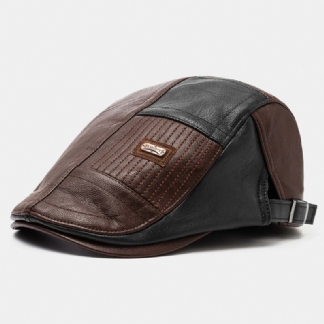 Męskie Pu Leather Patchwork Color Casual Vintage Regulowany Kapelusz Do Przodu Beret Hat