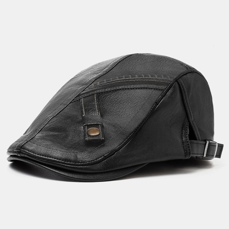 Męskie Pu Leather Solid Color Casual Vintage Regulowany Przedni Kapelusz Beret Hat