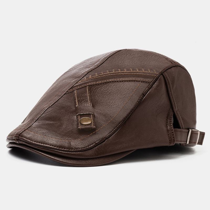 Męskie Pu Leather Solid Color Casual Vintage Regulowany Przedni Kapelusz Beret Hat