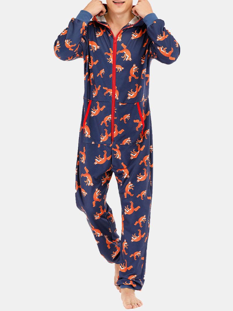 Męskie Śmieszne Kombinezony Z Nadrukiem Wilka Loungewear Royal Blue Hooded Onesies Z Kieszeniami