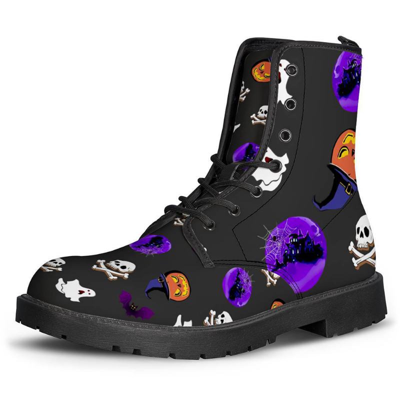 Męskie Skórzane Antypoślizgowe Miękkie Podeszwy Okrągłe Toe Skull Bat Pattern Casual Martin Boots