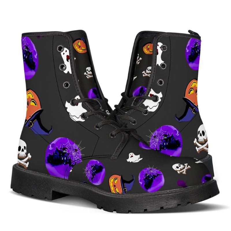 Męskie Skórzane Antypoślizgowe Miękkie Podeszwy Okrągłe Toe Skull Bat Pattern Casual Martin Boots