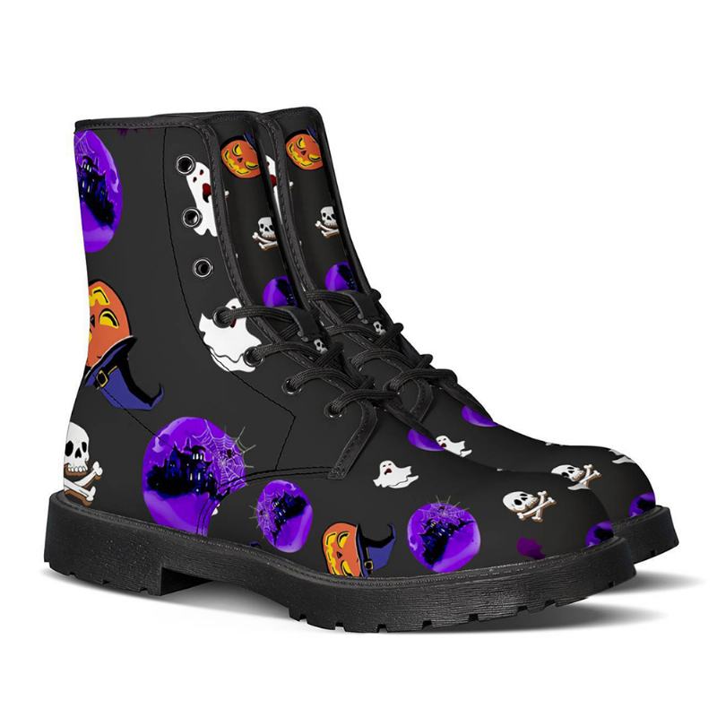 Męskie Skórzane Antypoślizgowe Miękkie Podeszwy Okrągłe Toe Skull Bat Pattern Casual Martin Boots