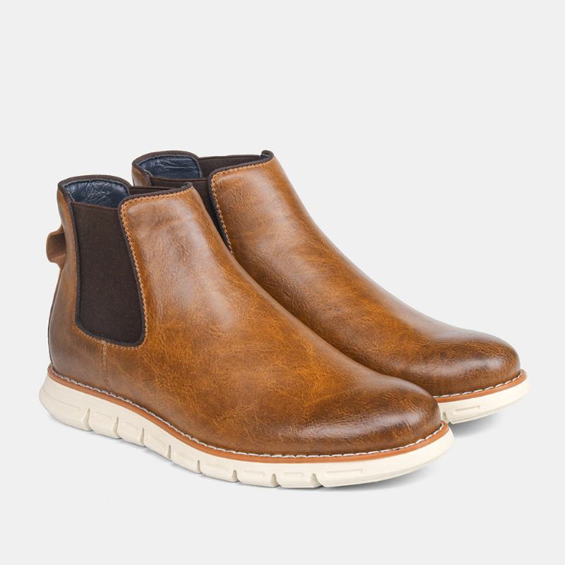 Męskie Skórzane Miękkie Podeszwy Okrągłe Toe Slip On Trendy Chelsea Casual Boots