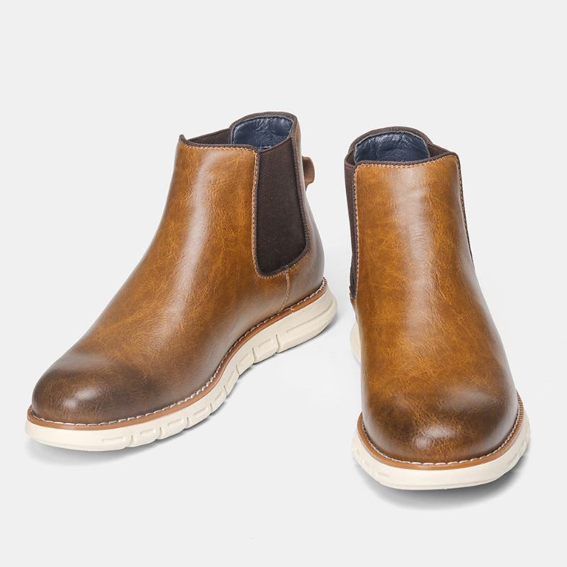 Męskie Skórzane Miękkie Podeszwy Okrągłe Toe Slip On Trendy Chelsea Casual Boots