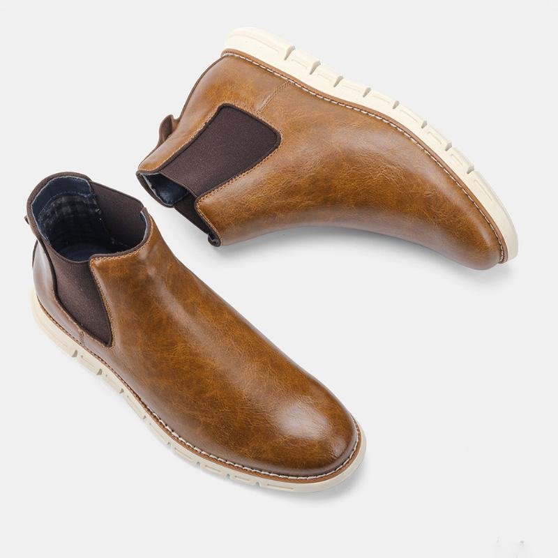 Męskie Skórzane Miękkie Podeszwy Okrągłe Toe Slip On Trendy Chelsea Casual Boots