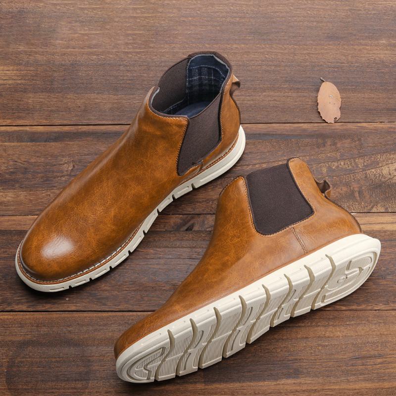 Męskie Skórzane Miękkie Podeszwy Okrągłe Toe Slip On Trendy Chelsea Casual Boots