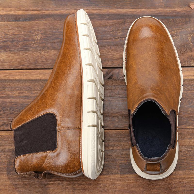 Męskie Skórzane Miękkie Podeszwy Okrągłe Toe Slip On Trendy Chelsea Casual Boots