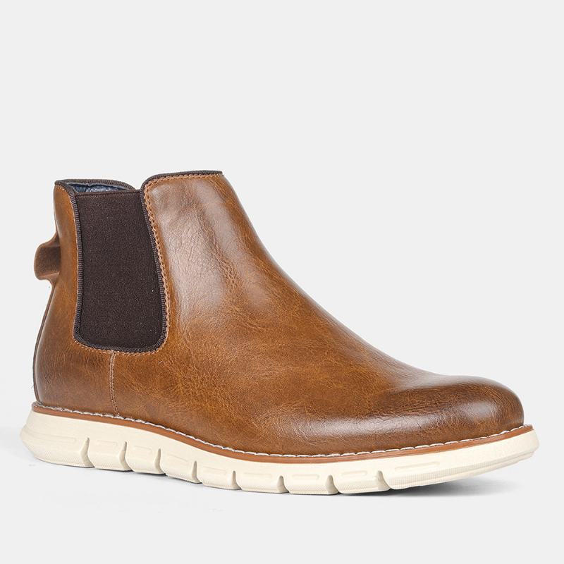 Męskie Skórzane Miękkie Podeszwy Okrągłe Toe Slip On Trendy Chelsea Casual Boots