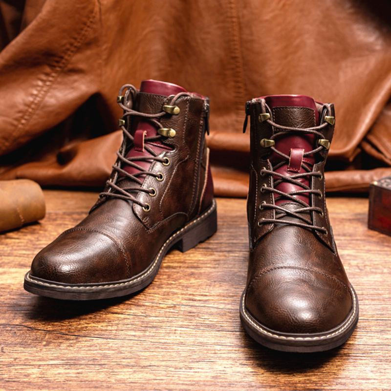 Męskie Skórzane Oddychające Miękkie Podeszwy Vintage Pointy Toe Zipper Casual Martin Boots