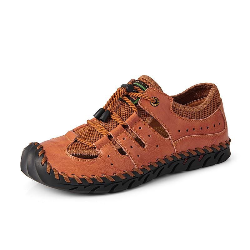 Męskie Skórzane Szwy Ręczne Mesh Oddychające Miękkie Dno Casual Outdoor Shoes