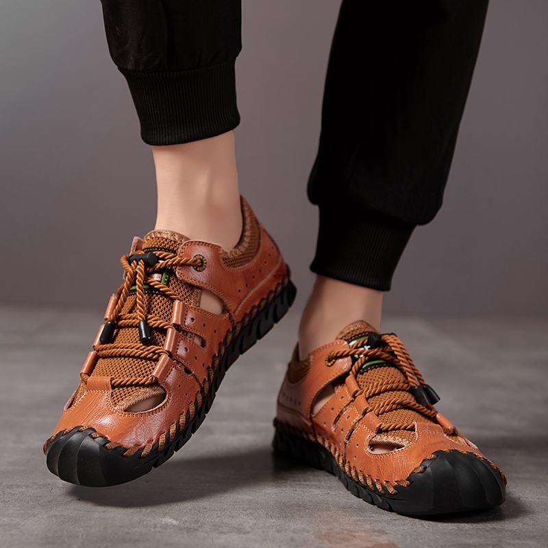 Męskie Skórzane Szwy Ręczne Mesh Oddychające Miękkie Dno Casual Outdoor Shoes