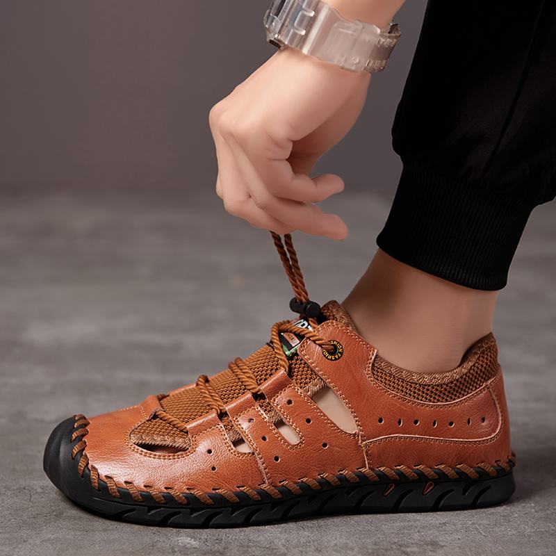 Męskie Skórzane Szwy Ręczne Mesh Oddychające Miękkie Dno Casual Outdoor Shoes