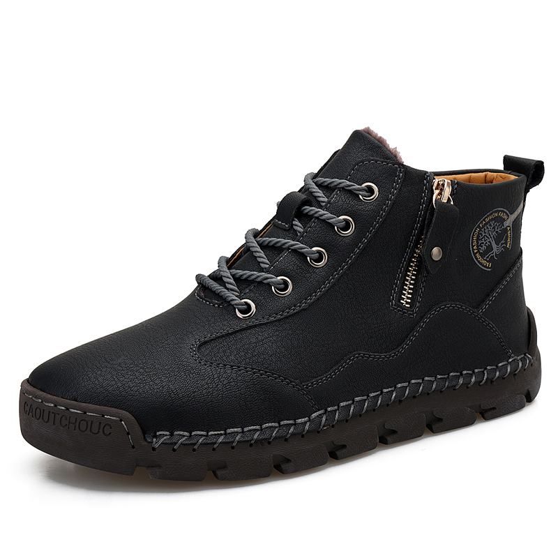 Męskie Skórzane Szwy Ręczne Oddychająca Miękka Podeszwa Krótkie Pure Color Zipper Lace-up Casual Shoes