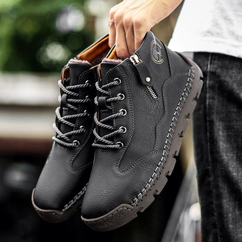 Męskie Skórzane Szwy Ręczne Oddychająca Miękka Podeszwa Krótkie Pure Color Zipper Lace-up Casual Shoes