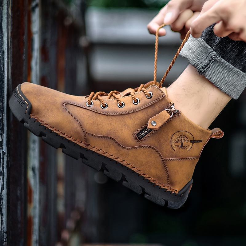 Męskie Skórzane Szwy Ręczne Oddychająca Miękka Podeszwa Krótkie Pure Color Zipper Lace-up Casual Shoes