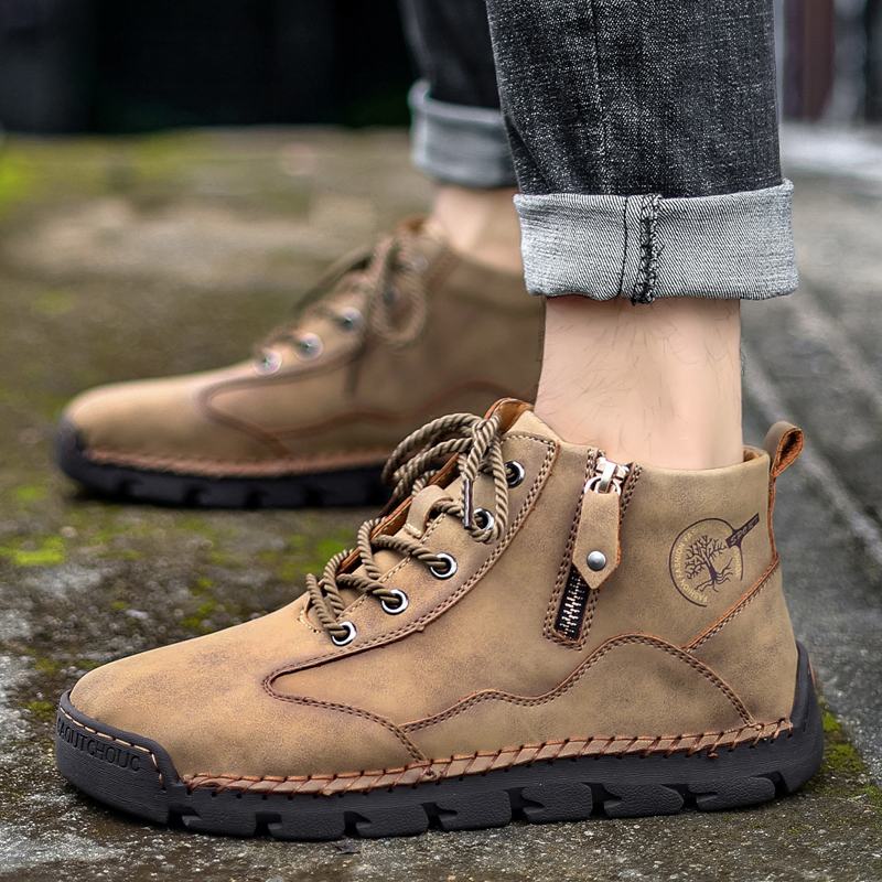 Męskie Skórzane Szwy Ręczne Oddychająca Miękka Podeszwa Krótkie Pure Color Zipper Lace-up Casual Shoes