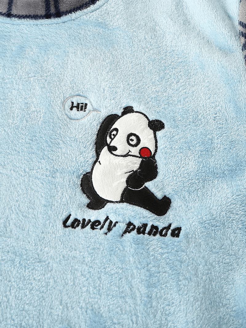 Męskie Słodkie Panda List Haft Siatka Szwy O-neck Flanelowe Ciepłe Zestawy Piżam
