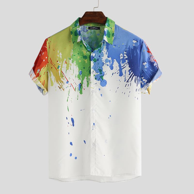 Męskie Splash Ink Akwarela Drukowanie Krótki Rękaw Beach Party Business Casual Shirts