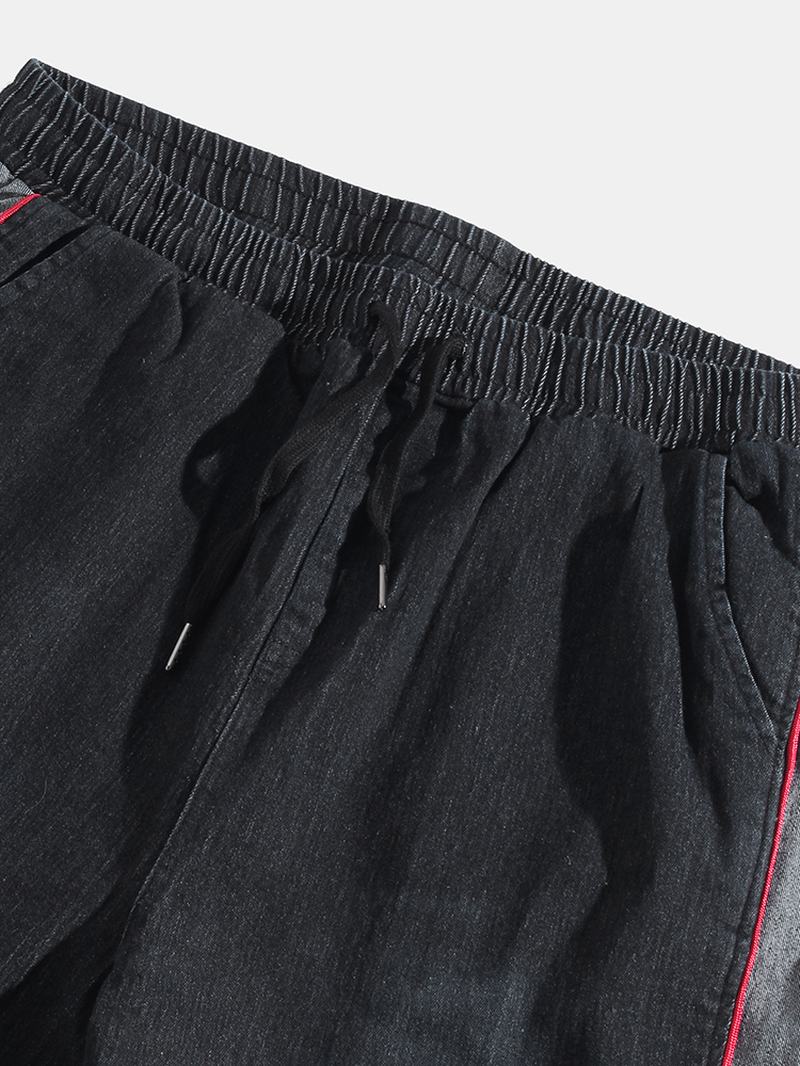 Męskie Spodnie Dżinsowe Z Kontrastową Lamówką Patchworkowe Bawełniane Spodnie Ze Sznurkiem