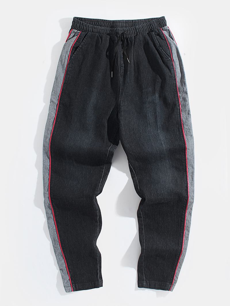 Męskie Spodnie Dżinsowe Z Kontrastową Lamówką Patchworkowe Bawełniane Spodnie Ze Sznurkiem