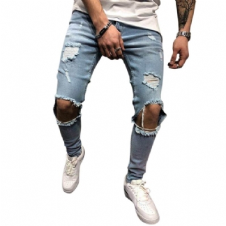 Męskie Spodnie Jeansowe Z Dziurami Slim Moda Dżinsy Ze Średnim Wzrostem