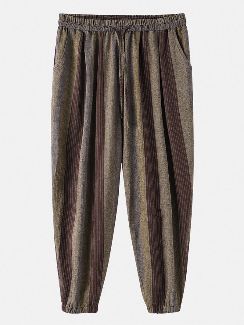 Męskie Spodnie W 100% Bawełniane W Kolorowe Paski Na Co Dzień Ze Ściągaczem Z Elastycznym Mankietem
