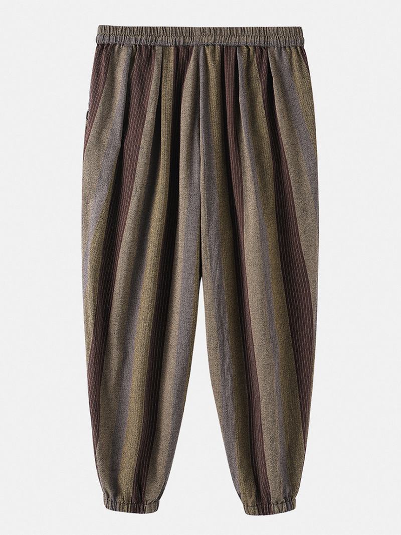 Męskie Spodnie W 100% Bawełniane W Kolorowe Paski Na Co Dzień Ze Ściągaczem Z Elastycznym Mankietem