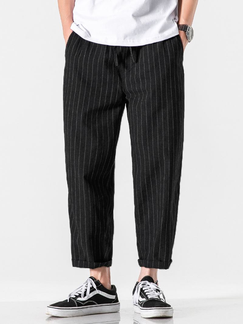 Męskie Spodnie W 100% Bawełniane W Paski Ze Sznurkiem W Stylu Casual