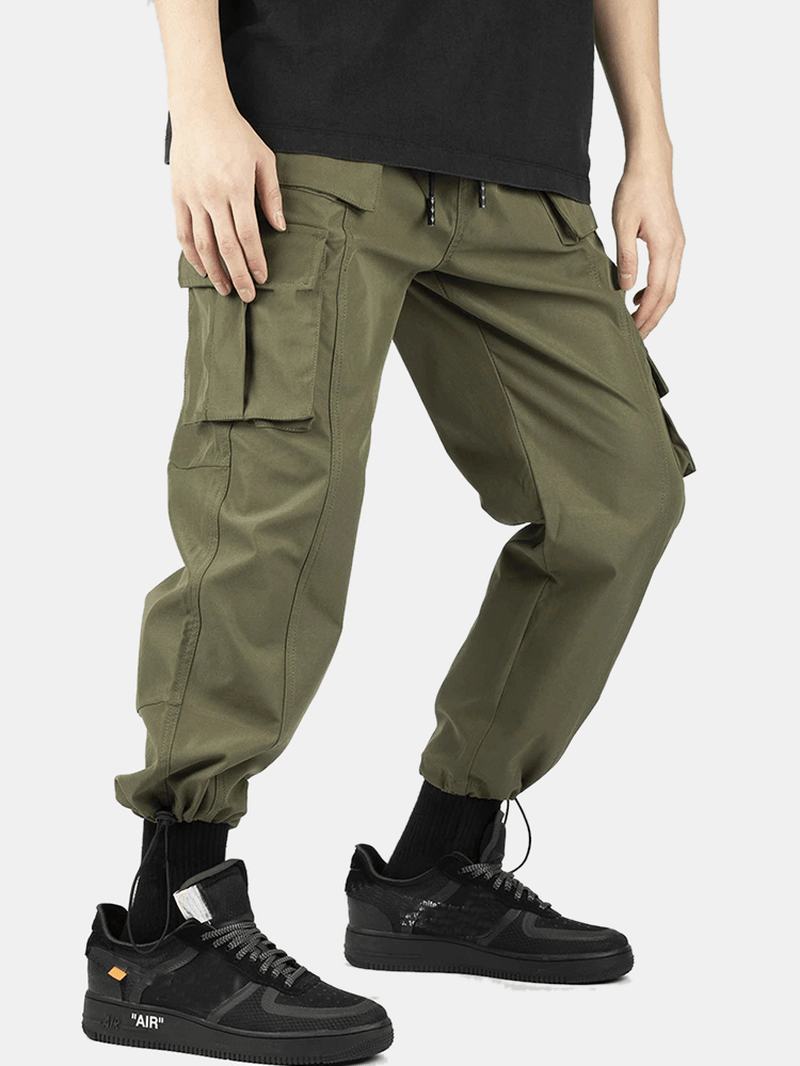 Męskie Spodnie W Jednolitym Kolorze Z Elastycznym Paskiem Z Wieloma Kieszeniami I Kieszeniami