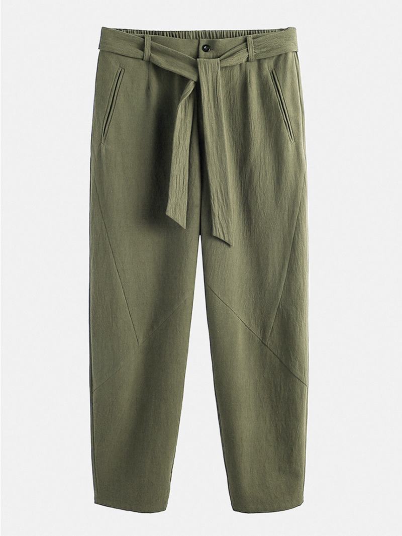 Męskie Spodnie W Stylu Vintage 100% Bawełniane Sznurkiem W Pasie Z Guzikami Na Co Dzień