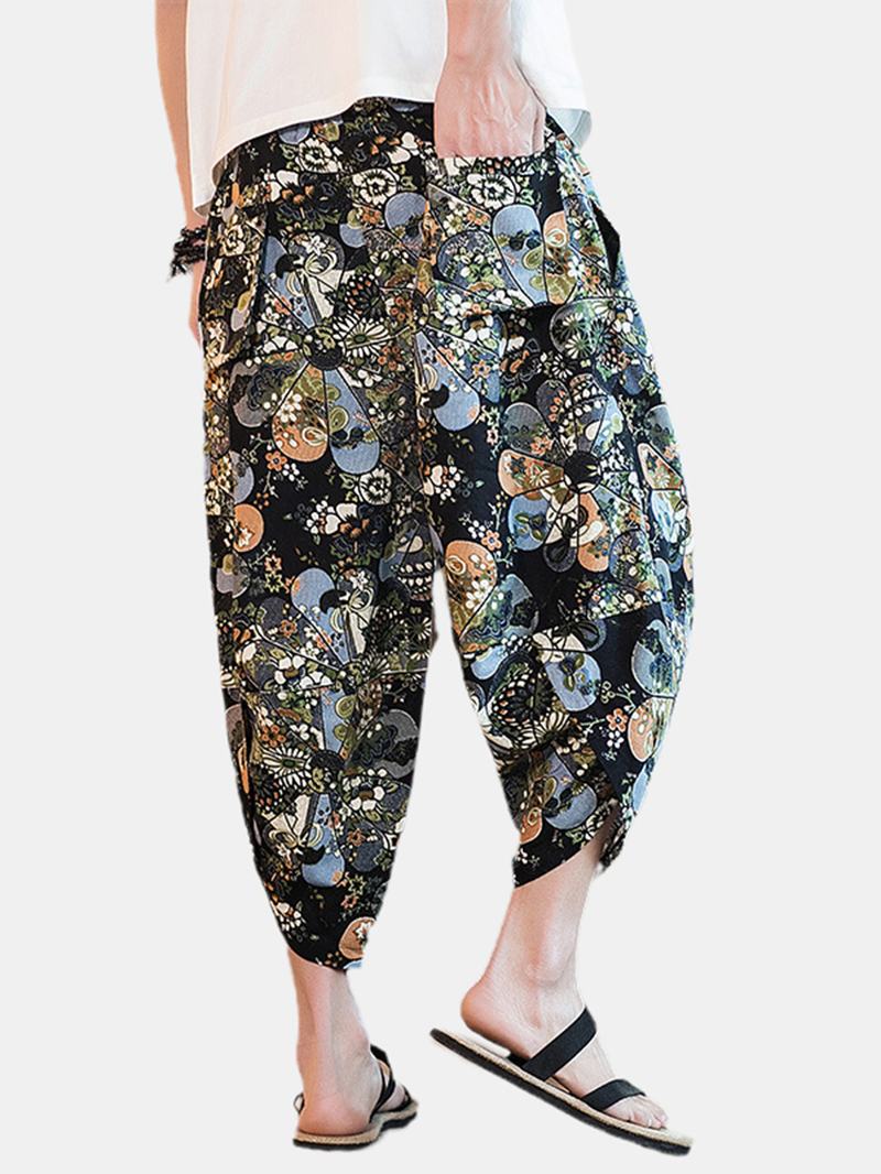 Męskie Spodnie Z Abstrakcyjnym Nadrukiem W Stylu Etnicznym Z Elastyczną Talią W Stylu Vintage