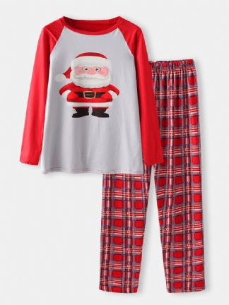 Męskie Spodnie Z Kreskówkowym Nadrukiem Świętego Mikołaja Raglanowe Rękawy Luźne Spodnie W Kratę Home Lounge Zestaw Piżam