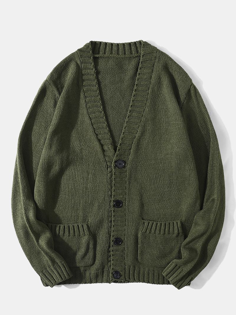 Męskie Swetry Rozpinane W Stylu Vintage Z Dekoltem W Serek I Podwójnymi Kieszeniami