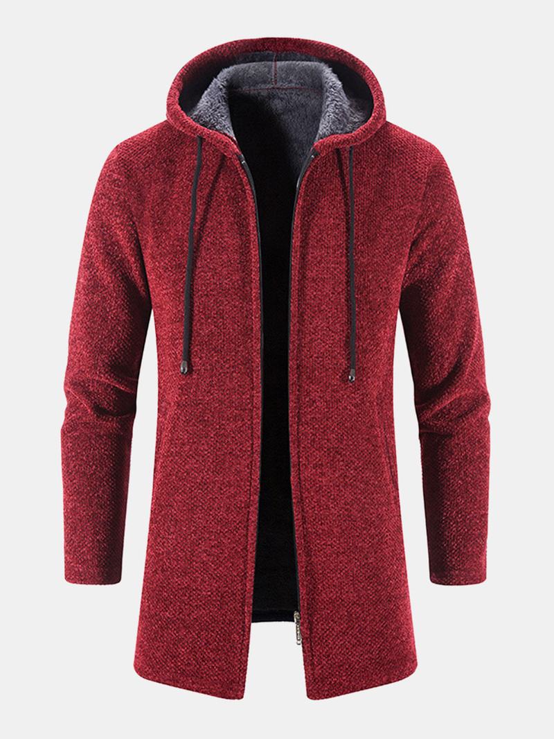 Męskie Swetry Rozpinane Z Dzianiny Pure Solid Pocket Plus Velvets Long Hooed Zipper Sweter Cardigans