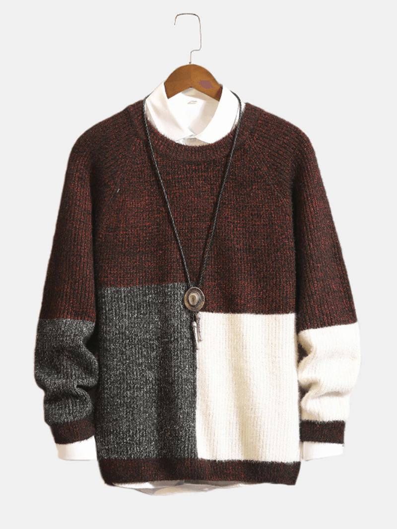 Męskie Swetry Z Okrągłym Dekoltem Trend Moda Luźne Grube Szwy Kontrastowe Kolory