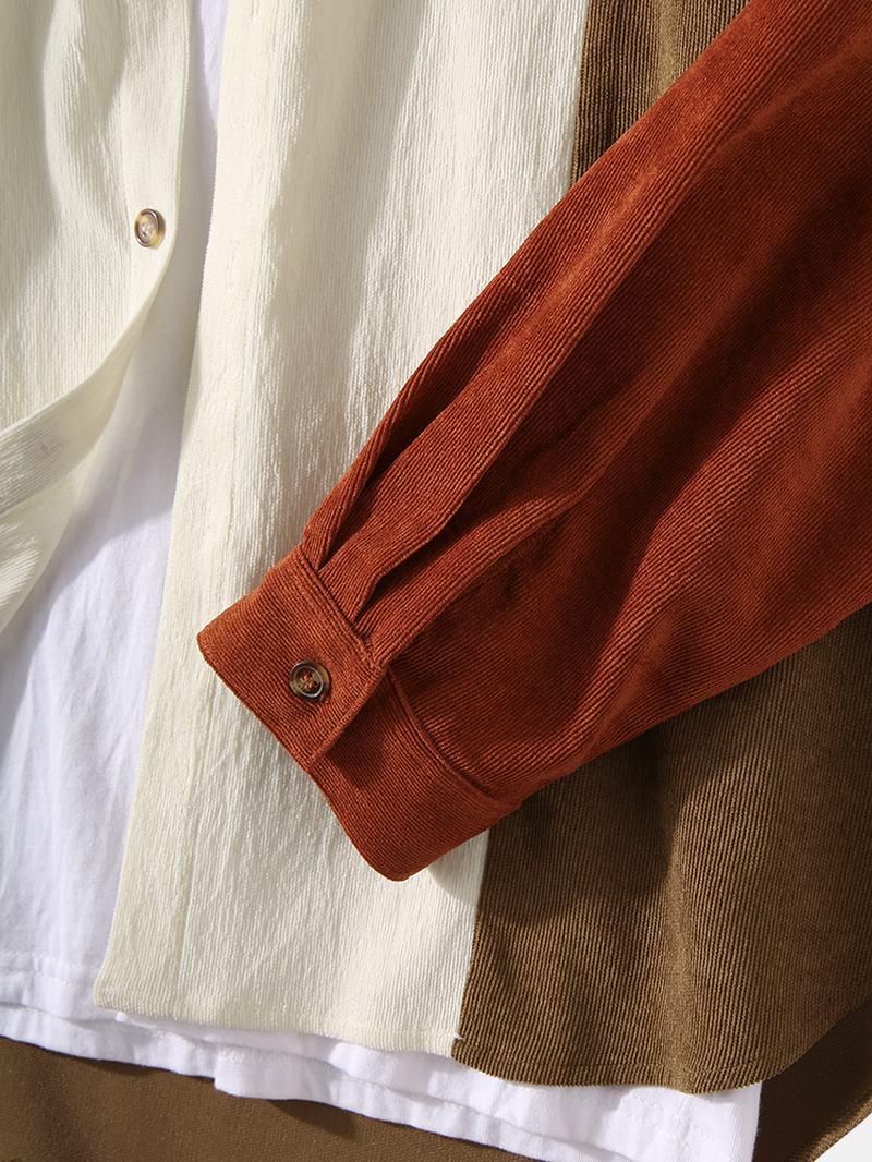 Męskie Sztruksowe Kolorowe Bloki Patchwork Lapel Koszule Z Długim Rękawem