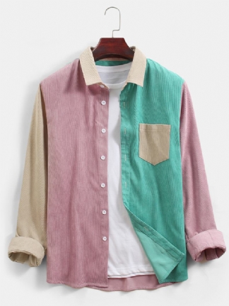 Męskie Sztruksowe Kolorowe Patchworkowe Koszule Z Długim Rękawem I Kieszenią