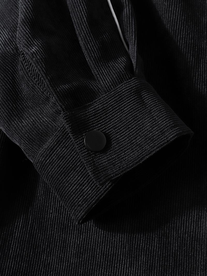 Męskie Sztruksowe Kontrastowe Wiązanie Z Klapą Gładkie CZarne Koszule Z Długim Rękawem