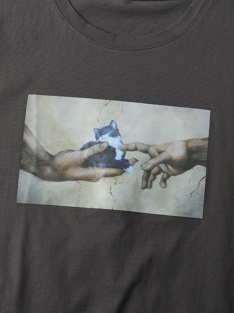 Męskie T-shirty Z Krótkim Rękawem I Okrągłym Dekoltem Z Nadrukiem W Koty I Gesty